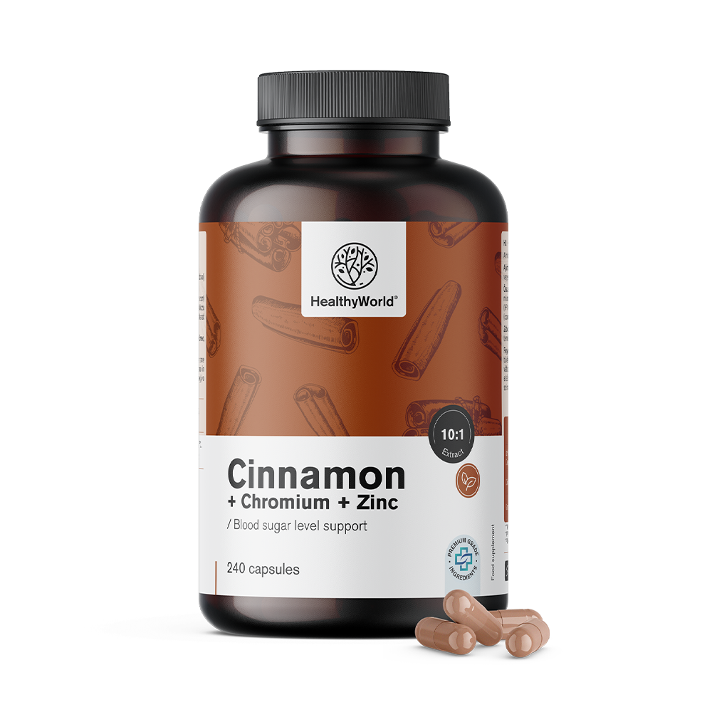 Cápsulas de canela con cromo y zinc para un nivel óptimo de azúcar en sangre.
