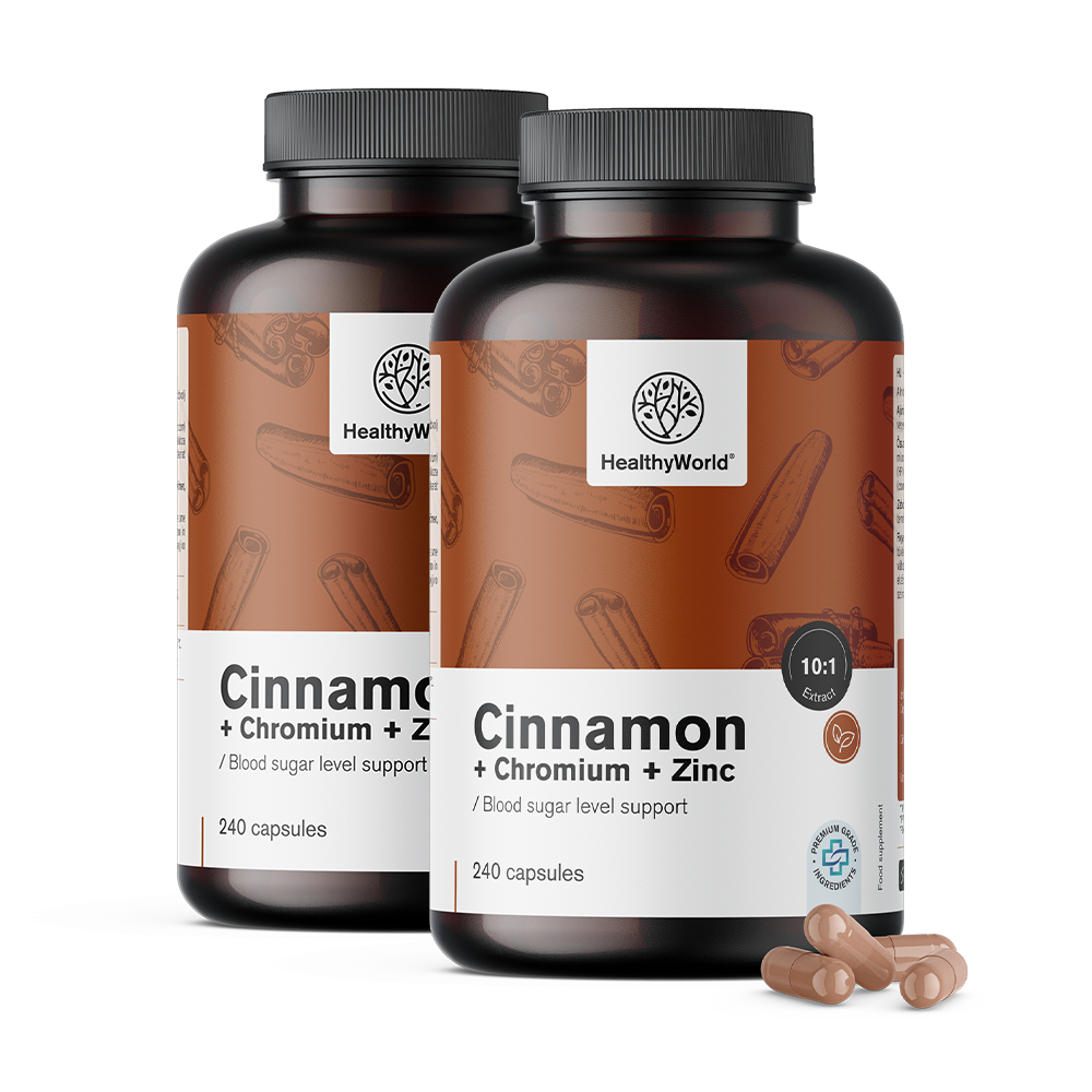 Cápsulas de canela con cromo y zinc para un nivel óptimo de azúcar en sangre.