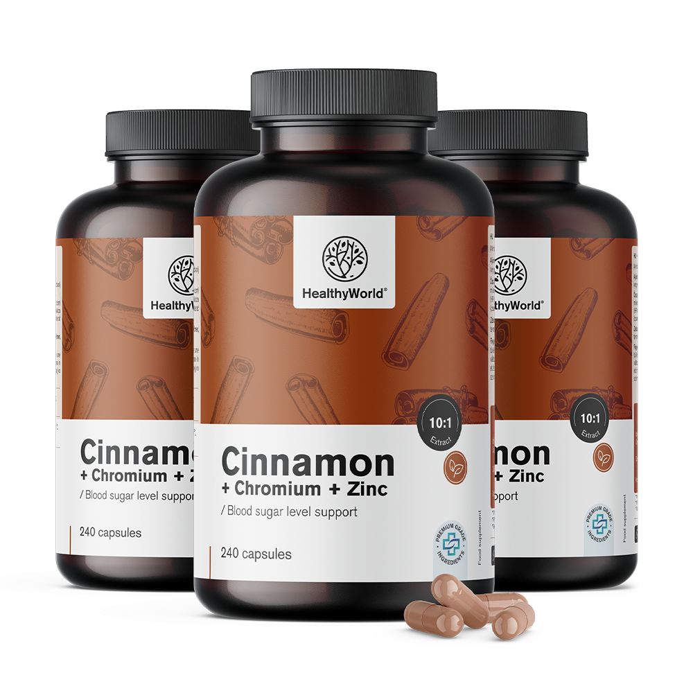 Cápsulas de canela con cromo y zinc para un nivel óptimo de azúcar en sangre.