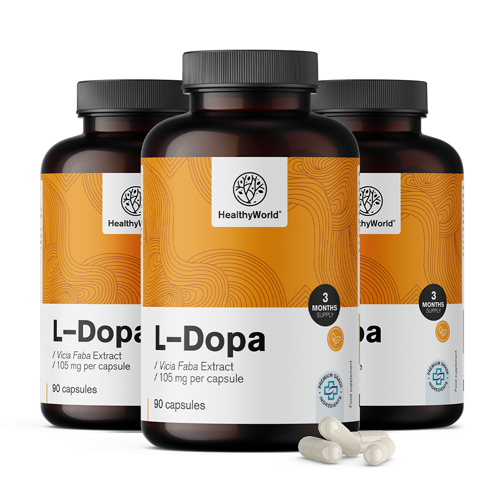 L-dopa 105 mg - de extracto de frijol. L-dopa 105 mg - de extracto de haba.