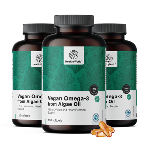 3x Omega-3 vegano 1000 mg – de algas, en total 360 cápsulas blandas