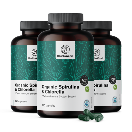 3x Espirulina y chlorella 1740 mg, en total 720 cápsulas