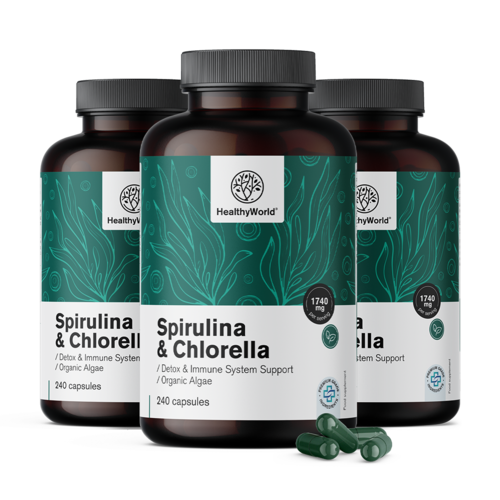 3x Espirulina y chlorella 1740 mg, en total 720 cápsulas