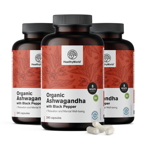 3x BIO Ashwagandha con pimienta negra, en total 720 cápsulas